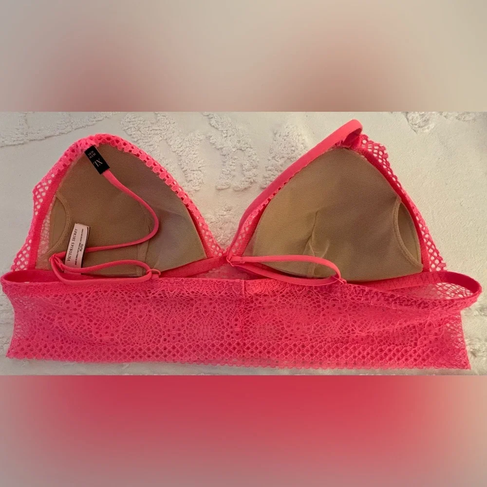Victoria's Secret XL (38D to 40B-C) Bra Longline Bralette Coral Neon Pink Lace